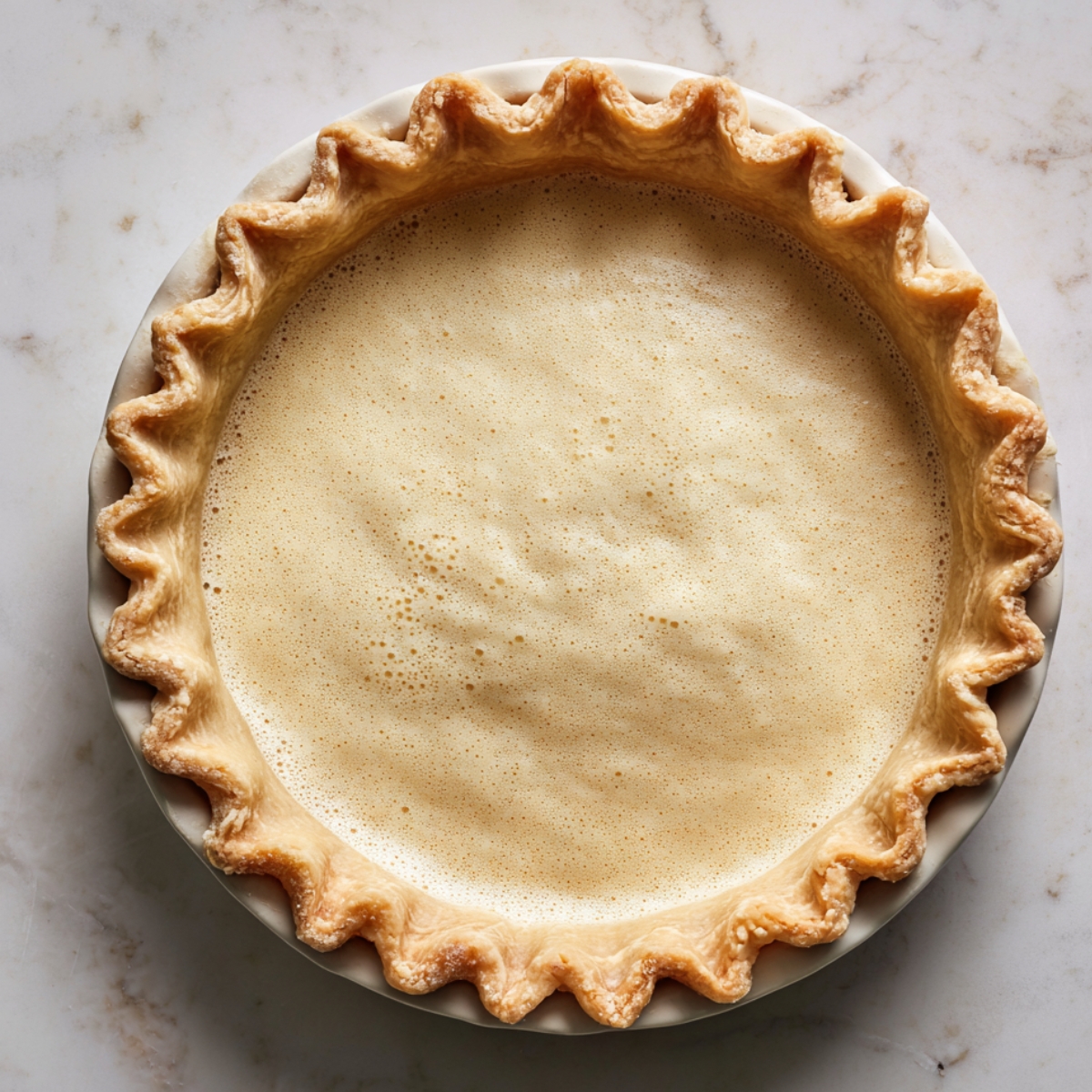 Unbaked cinnamon vanilla custard pie in a crimped homemade pie crust, filled to the top with a smooth, foamy custard, sitting on a light marble countertop.