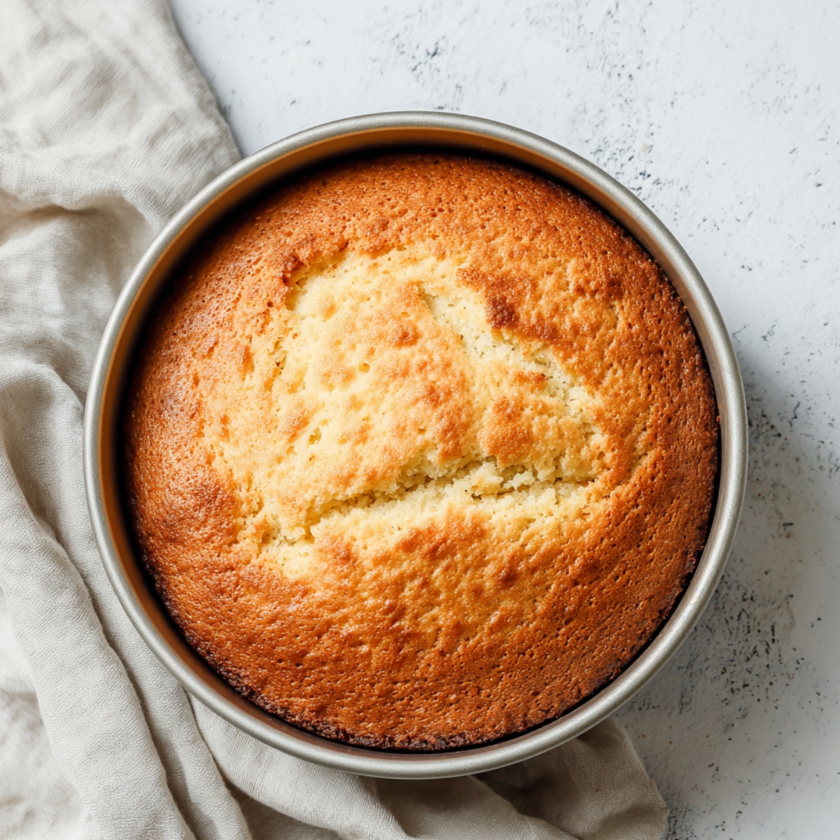 Freshly baked homemade lemon cake in a round pan, with a golden top and a natural crack in the center.