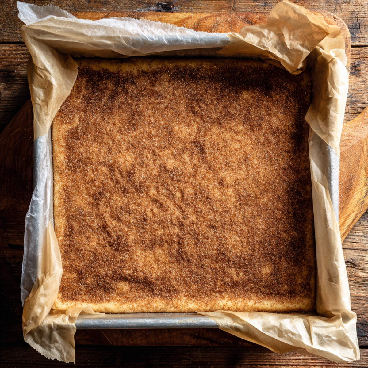 Freshly baked homemade cinnamon sugar blondies in a parchment-lined square pan, with a golden brown crust and cinnamon sugar topping.