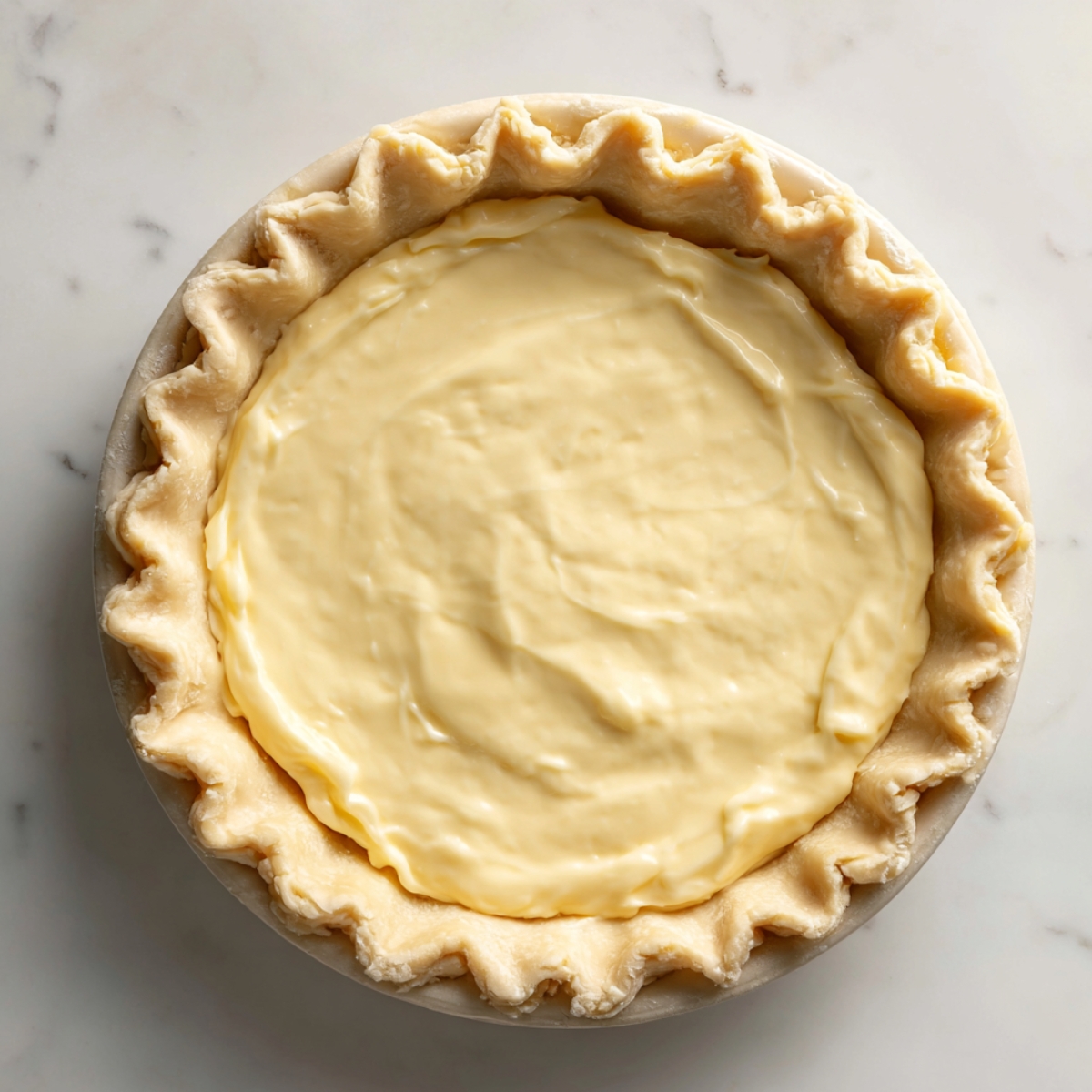 An unbaked homemade buttermilk pie with creamy filling in a raw, crimped pie crust on a marble surface.