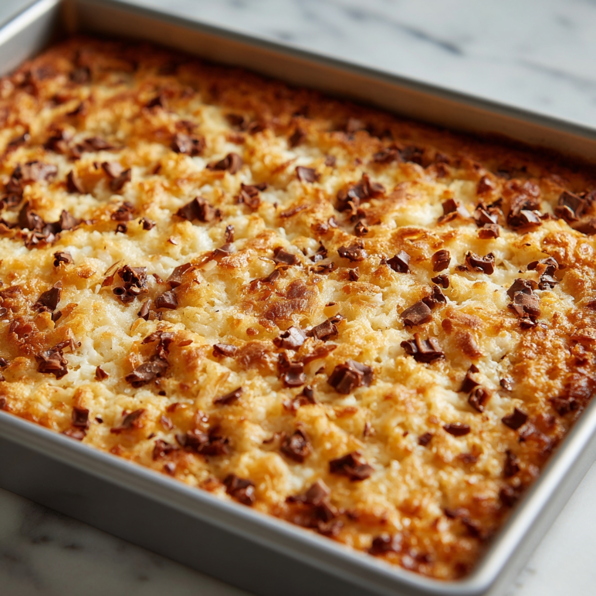 A homemade pan of golden-brown Magic Cookie Bars with toasted coconut, melted chocolate chunks, and crisp edges, baked in a metal pan on a marble countertop.