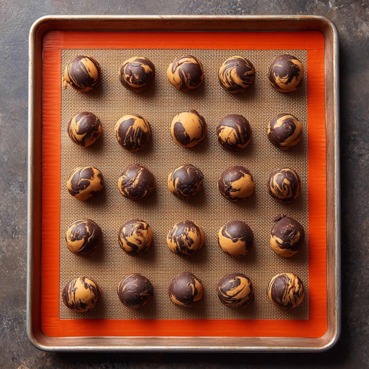 Easy Peanut Butter Brownie Swirl Cookies 12 Cookie dough balls made of chocolate and peanut butter placed evenly on a baking sheet lined with a silicone mat.