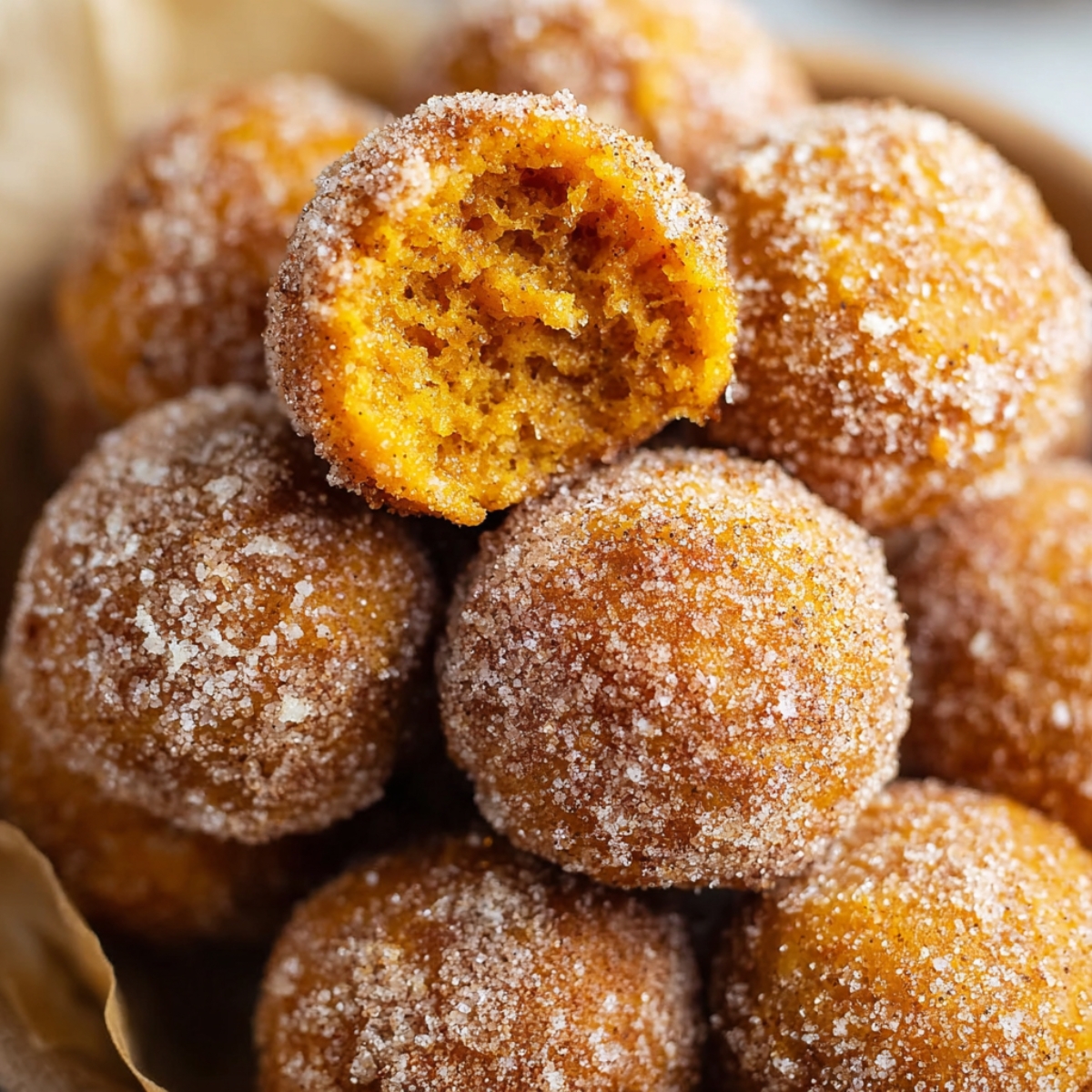 Baked Cinnamon Sugar Pumpkin Donut Holes piled together, with one donut hole on top showing a soft, moist pumpkin interior.