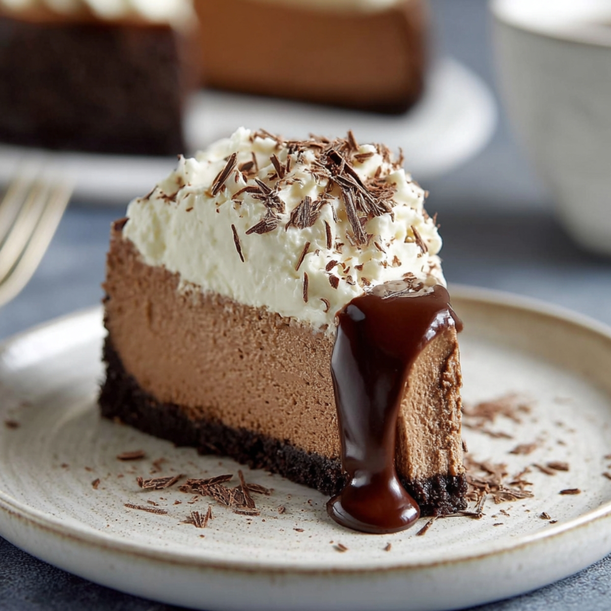 A slice of homemade Baileys cheesecake with whipped cream, chocolate shavings, and warm chocolate sauce dripping down the side on a ceramic plate.