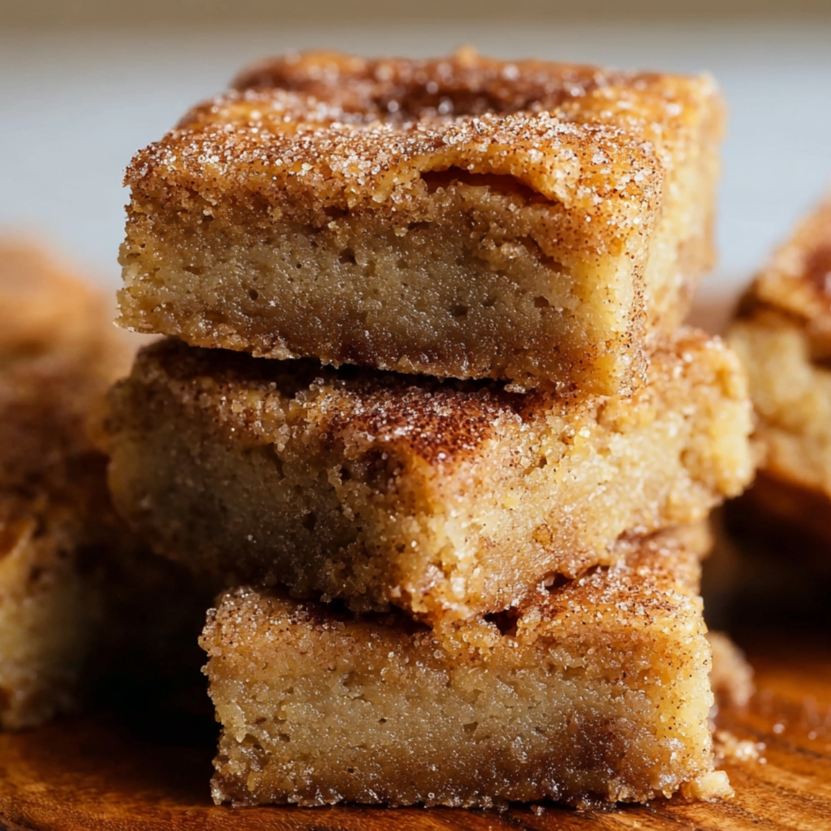 Best Cinnamon Sugar Blondies Recipe stacked on a wooden board, showing their moist, buttery texture and cinnamon sugar topping.