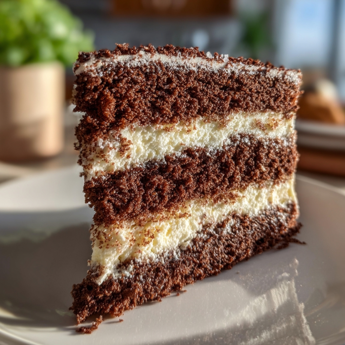A close-up slice of homemade Italian Love Cake showing thick layers of moist chocolate cake and creamy ricotta filling, lightly dusted with powdered sugar and sitting on a white plate in natural sunlight.