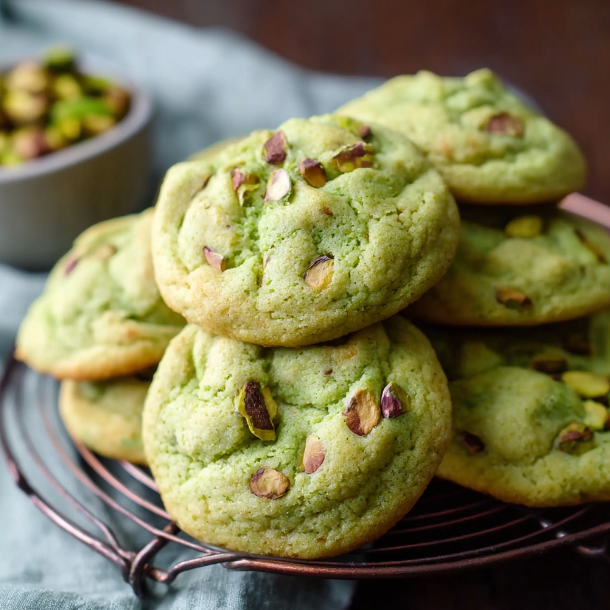 Best Pistachio Pudding Cookies Recipe 11 Homemade pistachio pudding cookies piled on a cooling rack, golden at the edges with a soft green color and topped with chopped pistachios.