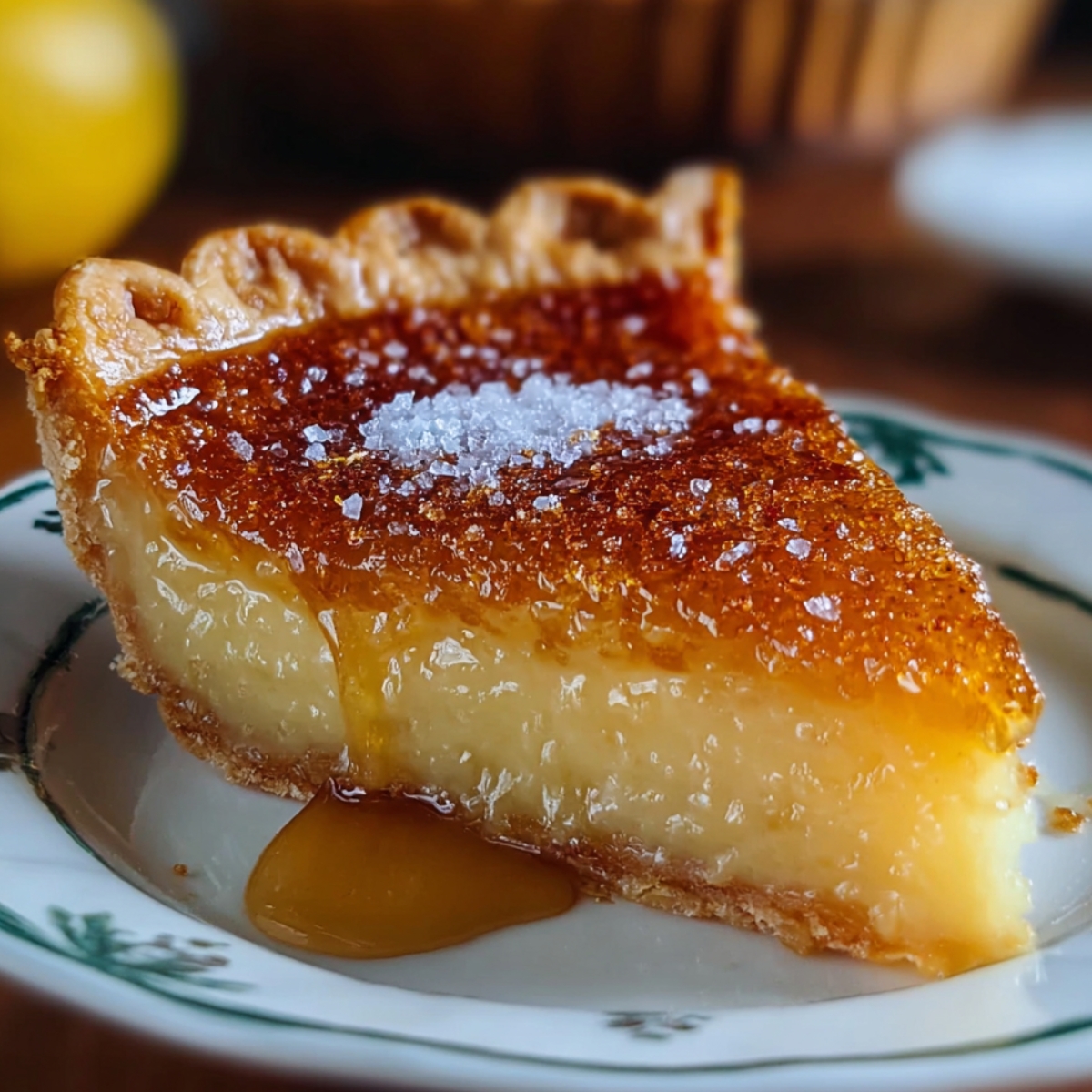 Best Salted Honey Pie Recipe with a golden, glossy filling, flaky buttery crust, and sparkling sea salt flakes on top, served on a light plate with honey pooling underneath.