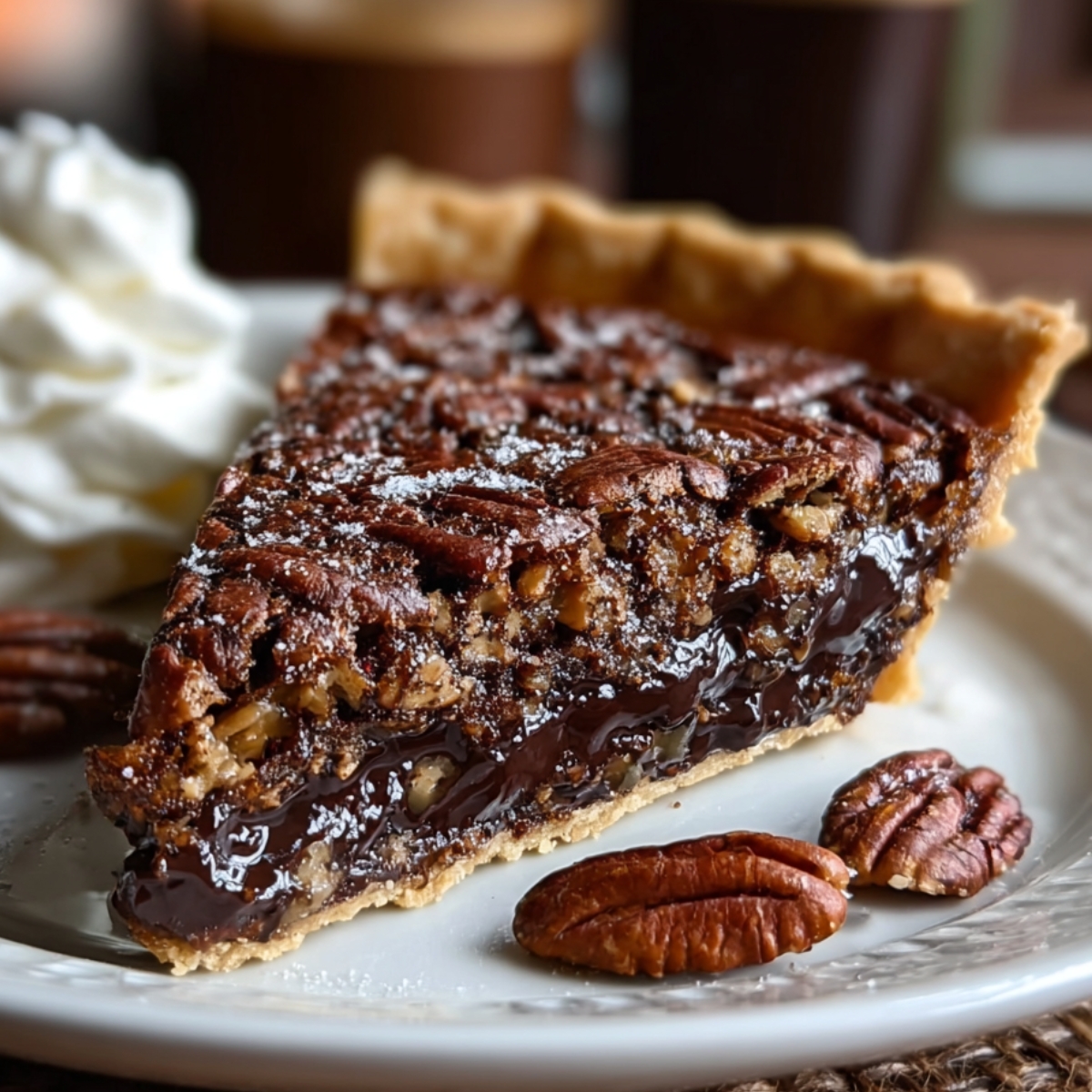 A close-up slice of homemade Texas chocolate pecan pie on a white plate, with a gooey chocolate layer, toasted pecans, and a swirl of whipped cream beside it.