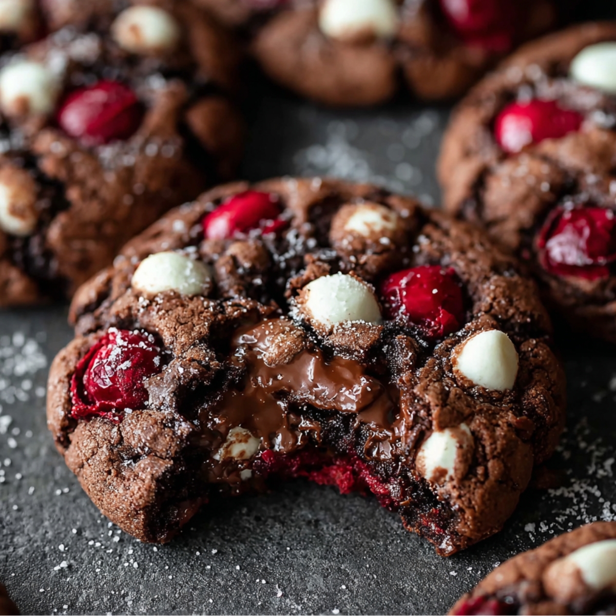 Black Forest Cookies with gooey melted chocolate, bright red cherries, and white chocolate chunks, sitting on a dark surface dusted lightly with powdered sugar.