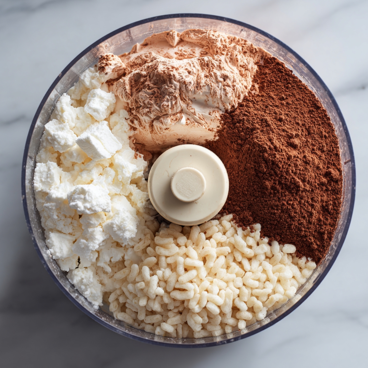 Unblended cottage cheese, cocoa powder, whipped topping, and puffed rice cereal sitting in a food processor before making homemade chocolate mousse.