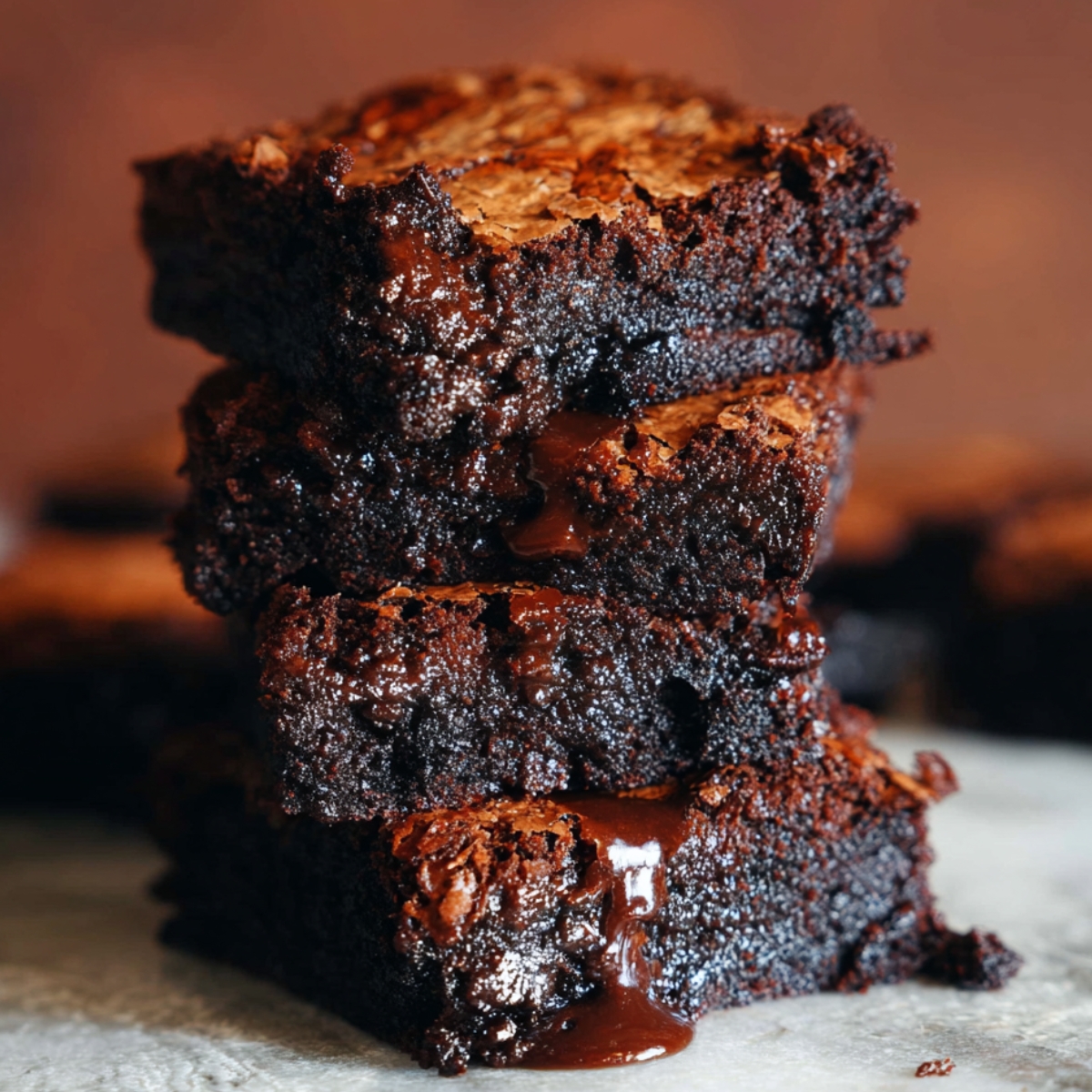 Brown Butter Brownies with a crackly top and molten chocolate dripping down the sides.