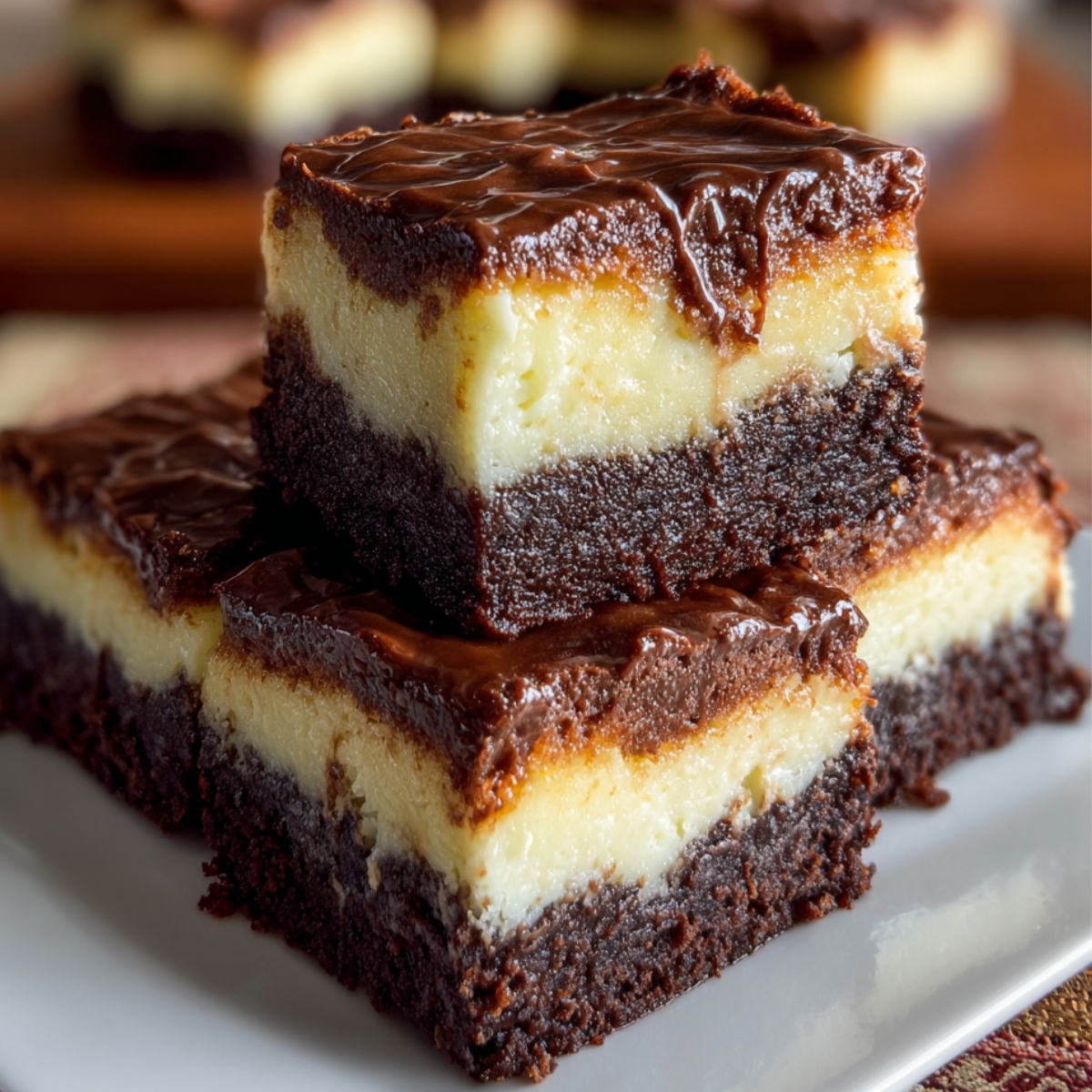 Brownie Bottom Cheesecake Bars on a white plate, with rich, fudgy brownie layers, creamy cheesecake filling, and a glossy chocolate ganache topping.