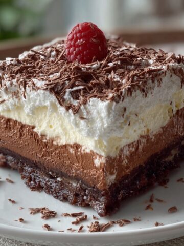 Homemade brownie refrigerator cake with layers of fudgy brownie, chocolate mousse, creamy vanilla pudding, and whipped cream, topped with chocolate shavings and a fresh raspberry.