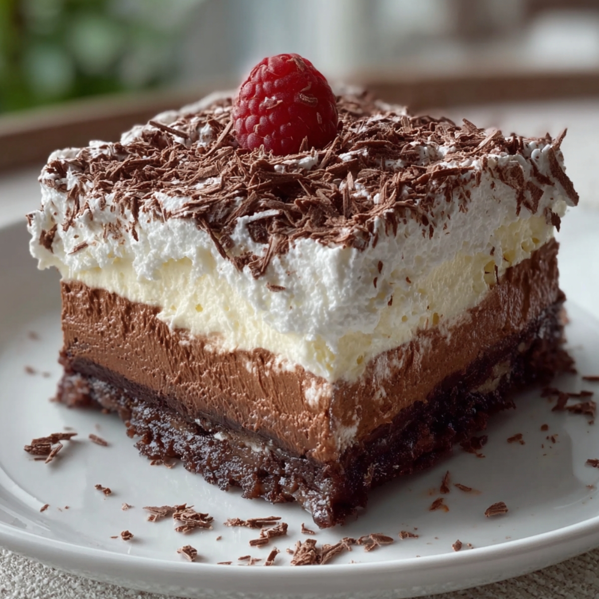 Homemade brownie refrigerator cake with layers of fudgy brownie, chocolate mousse, creamy vanilla pudding, and whipped cream, topped with chocolate shavings and a fresh raspberry.