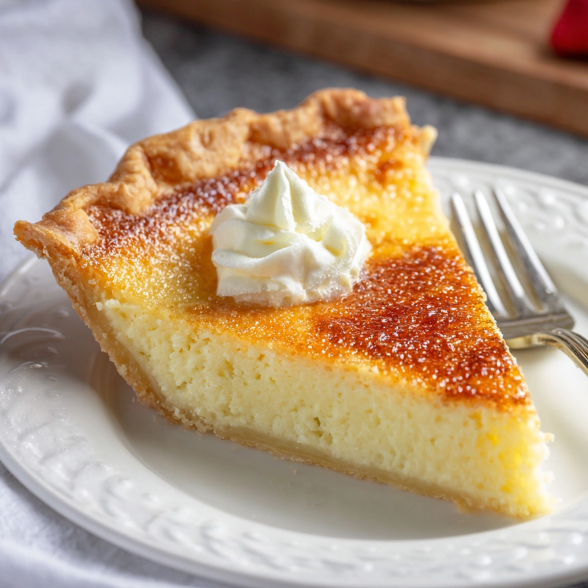 A slice of homemade buttermilk pie with a golden caramelized top, flaky crust, and a dollop of whipped cream on a white plate with a fork.
