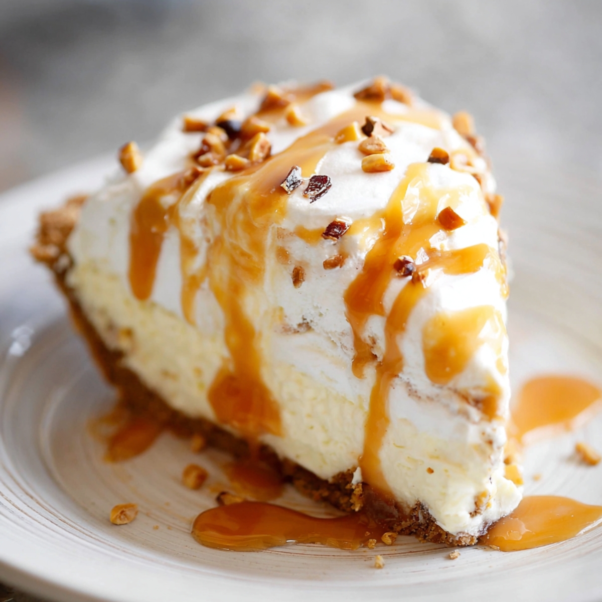 A homemade caramel cream pie slice on a white plate, featuring a crumbly golden graham cracker crust, smooth and creamy filling, fluffy whipped topping, and generous drizzles of rich caramel sauce with crushed candy pieces sprinkled on top.