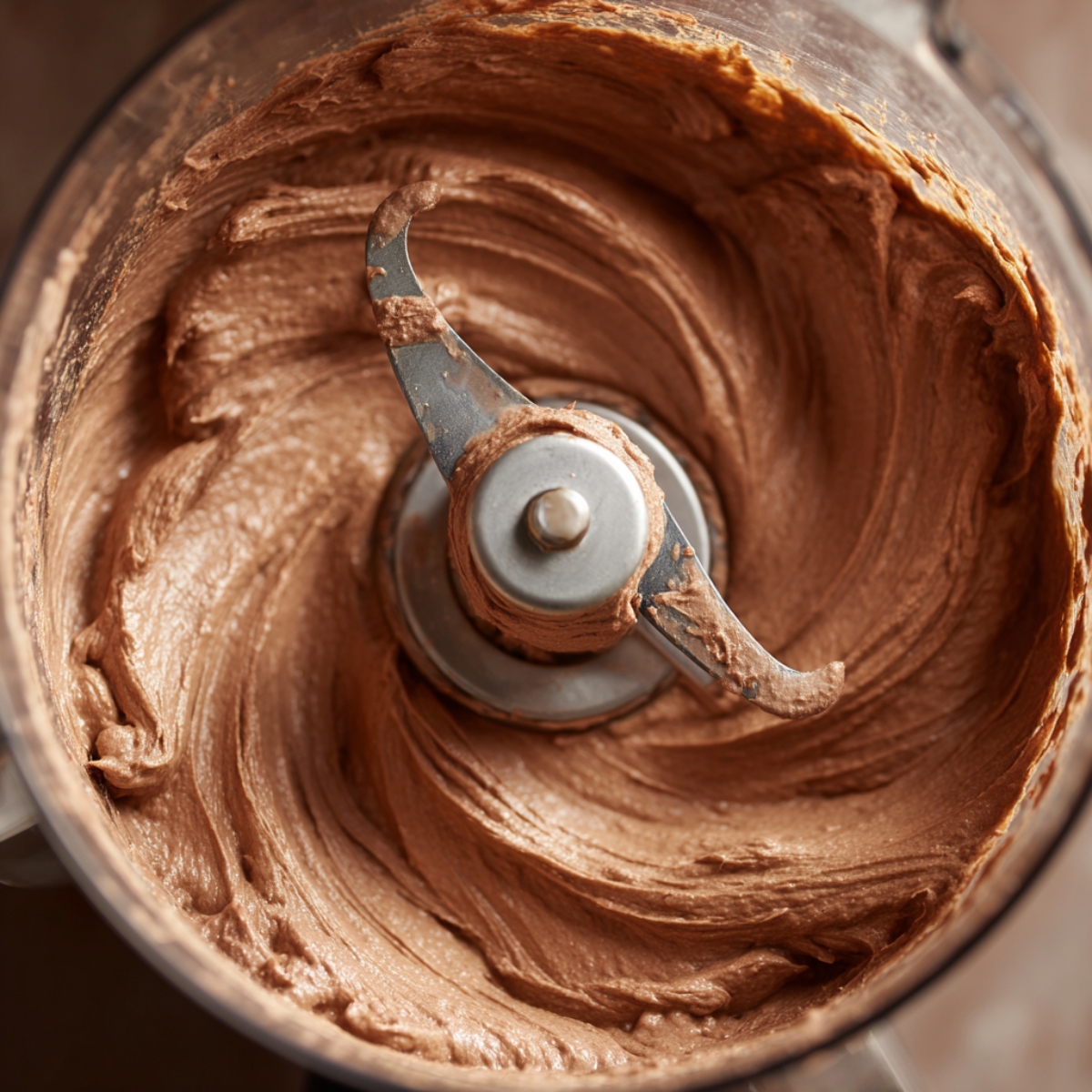 Freshly blended homemade chocolate mousse in a food processor, showing a smooth, creamy texture swirled around the metal blade.