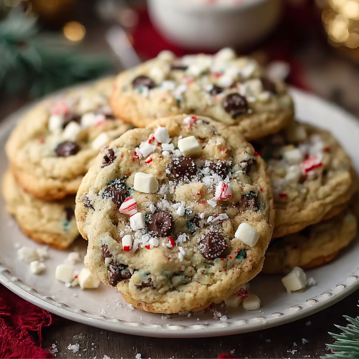 Homemade chocolate chip Christmas cookies topped with crushed candy canes, white chocolate chunks, and chocolate chips, stacked on a plate with holiday décor in the background.