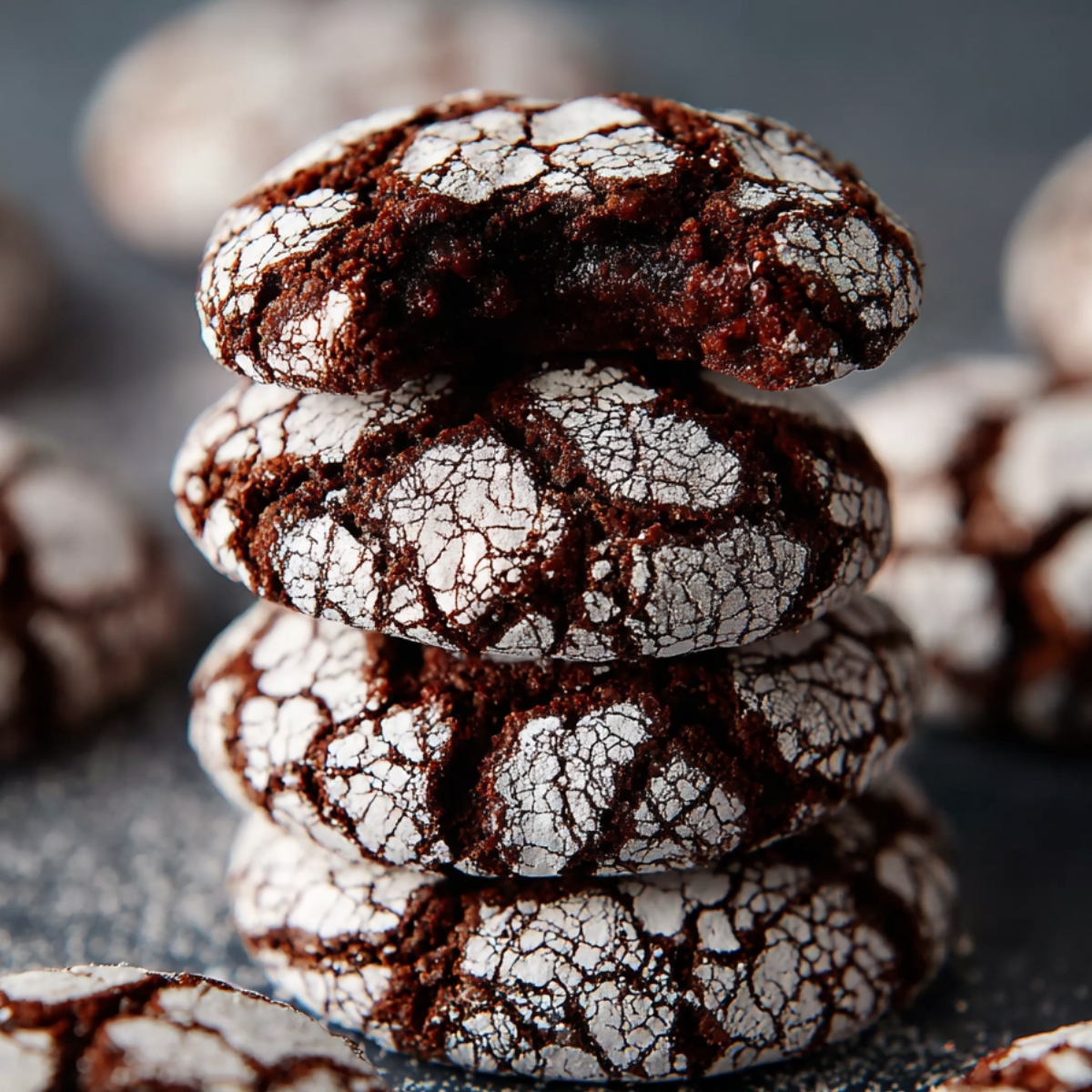Stack of homemade chocolate crinkle cookies with cracked powdered sugar tops, showing their soft, fudgy centers and rich texture.