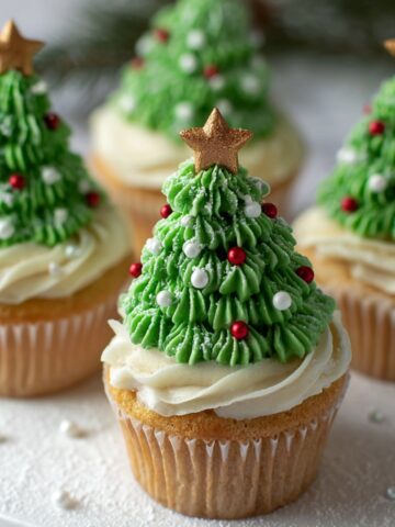 Homemade Christmas tree cupcakes topped with green buttercream trees, red and white candy ornaments, and gold star toppers.