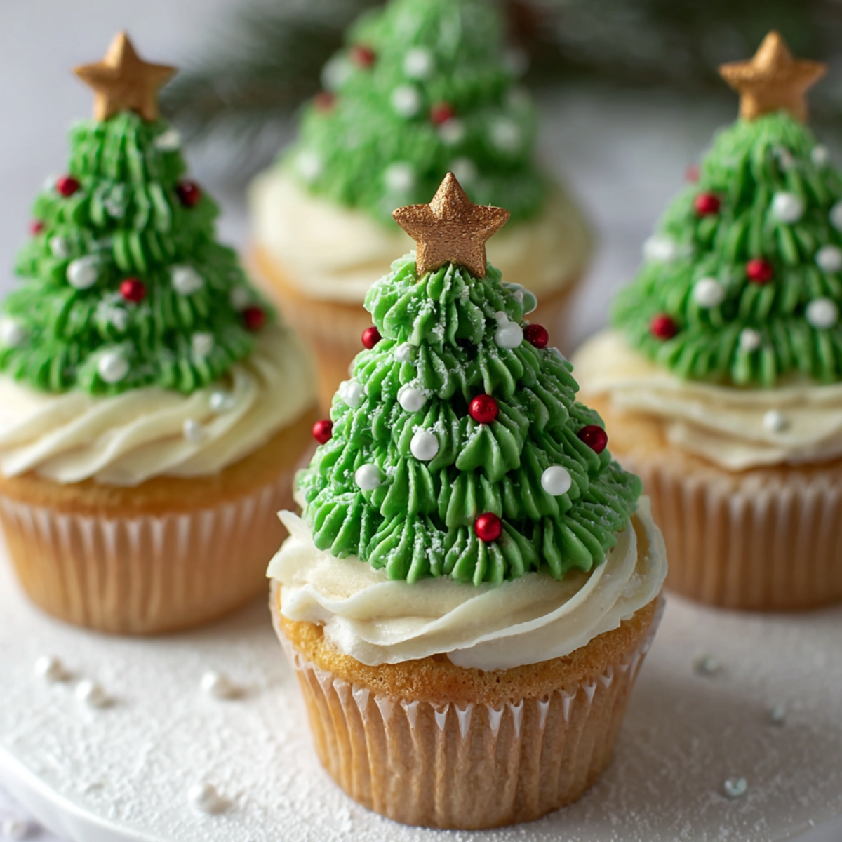 Homemade Christmas tree cupcakes topped with green buttercream trees, red and white candy ornaments, and gold star toppers.