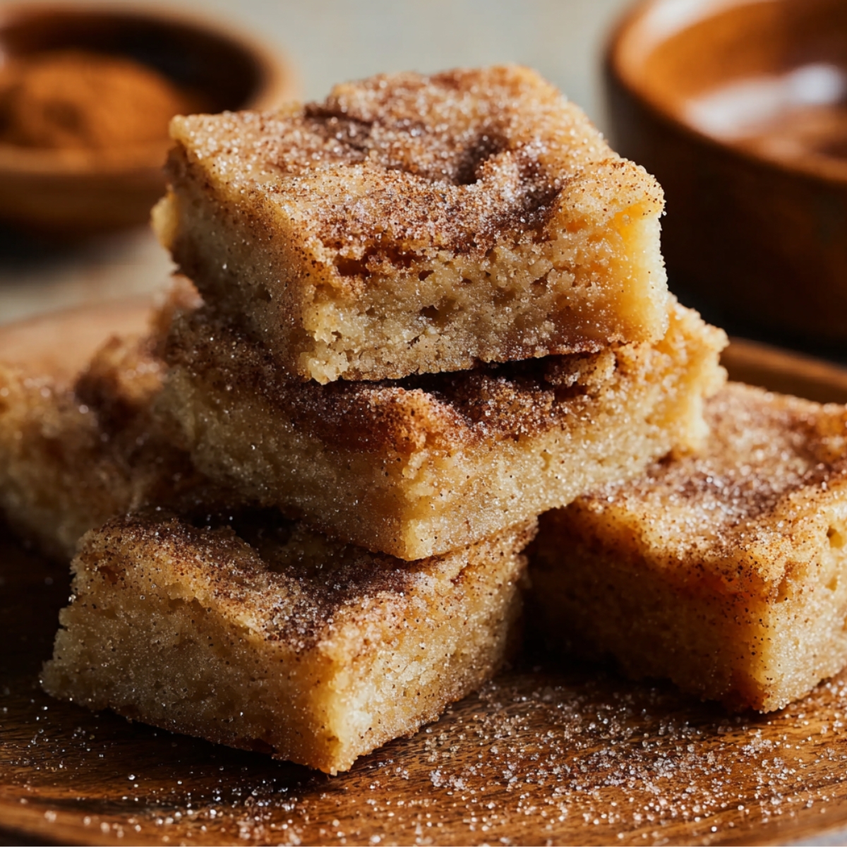 Stack of homemade cinnamon sugar blondies on a wooden plate, with a golden, buttery texture and a dusting of cinnamon sugar on top.