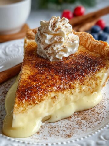 Slice of cinnamon vanilla custard pie with a caramelized top, creamy filling, and whipped cream on a plate.