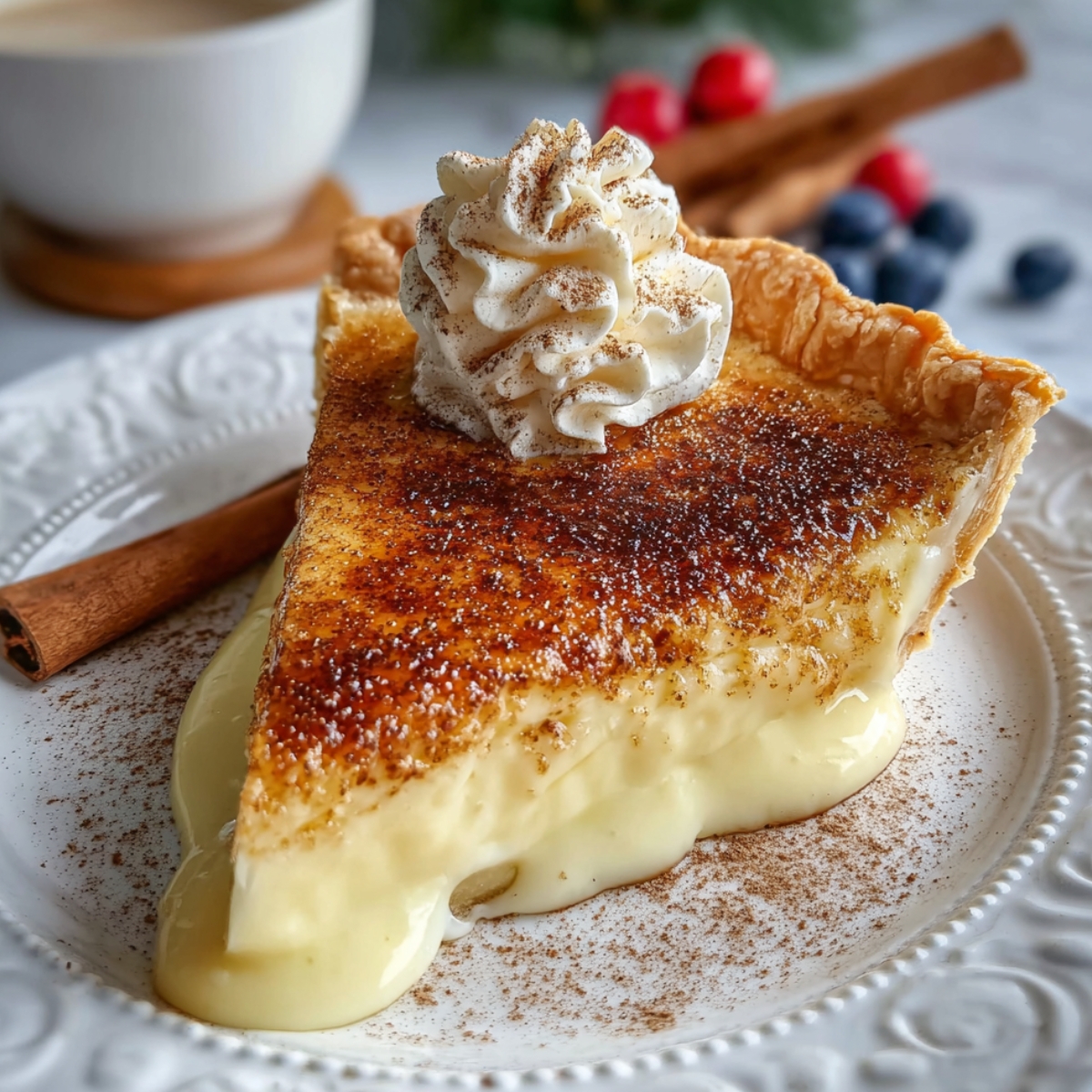 Slice of cinnamon vanilla custard pie with a caramelized top, creamy filling, and whipped cream on a plate.