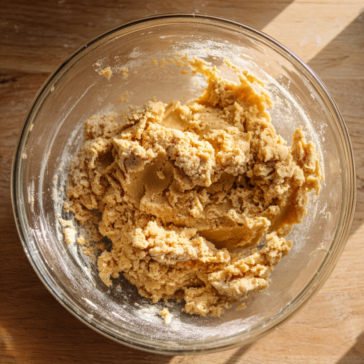 Homemade blondie dough mixture in a glass bowl on a wooden countertop, showing a soft, crumbly texture in warm natural light.