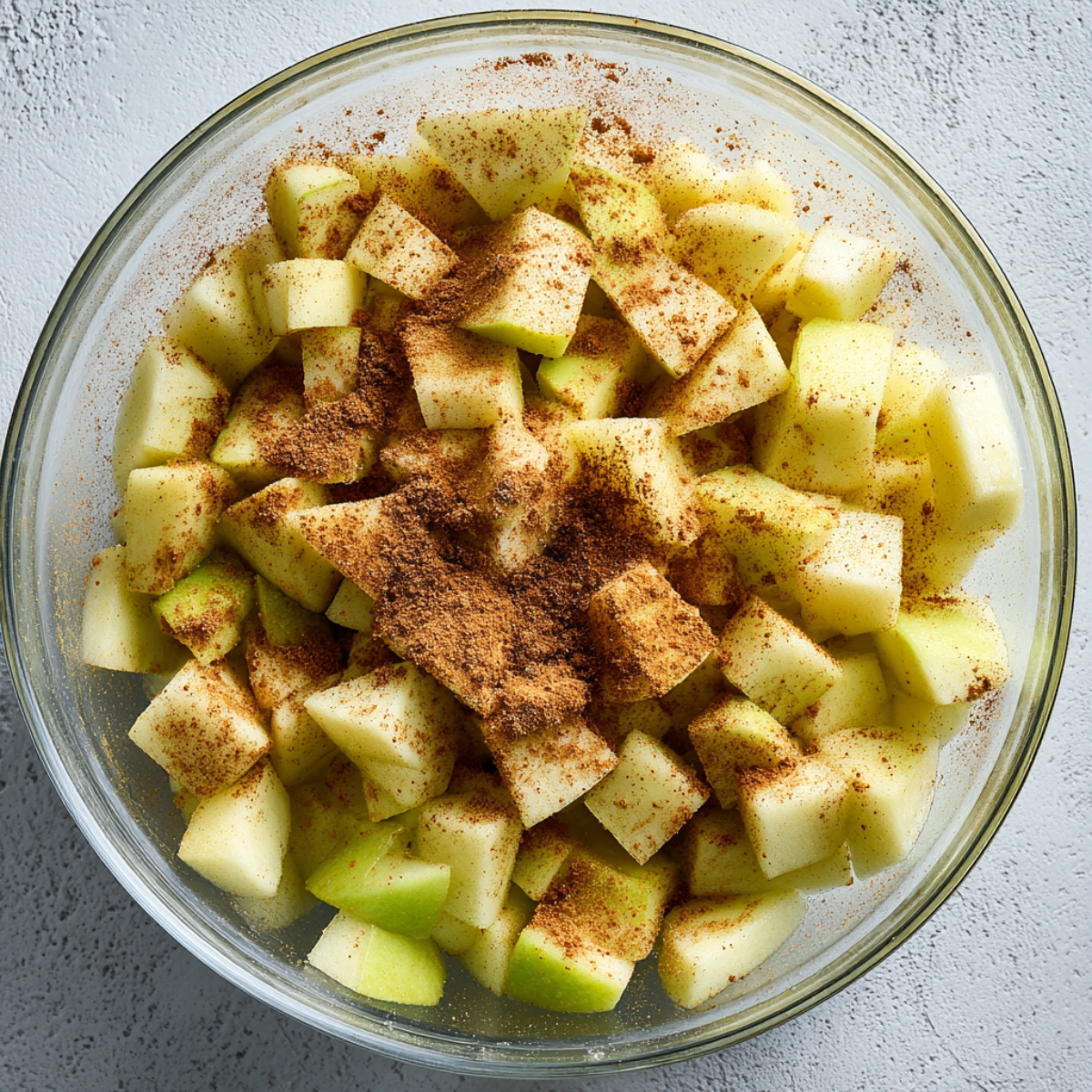 Bowl of freshly diced apples sprinkled with cinnamon for homemade caramel apple cheesecake bars.