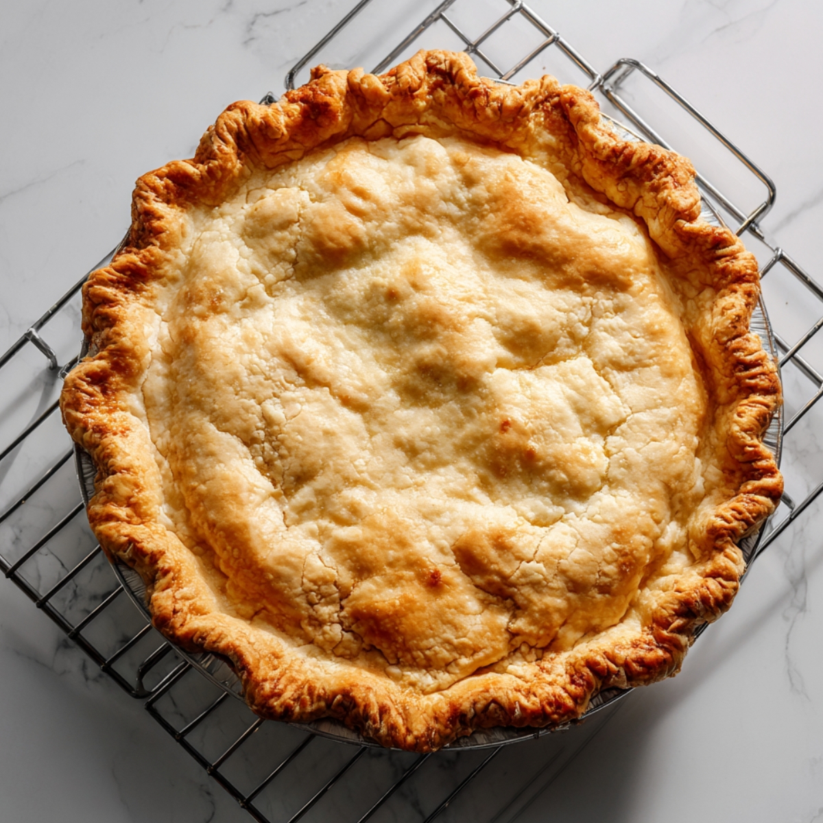 A freshly baked homemade buttermilk pie with a golden, flaky crust cooling on a wire rack over a marble countertop.