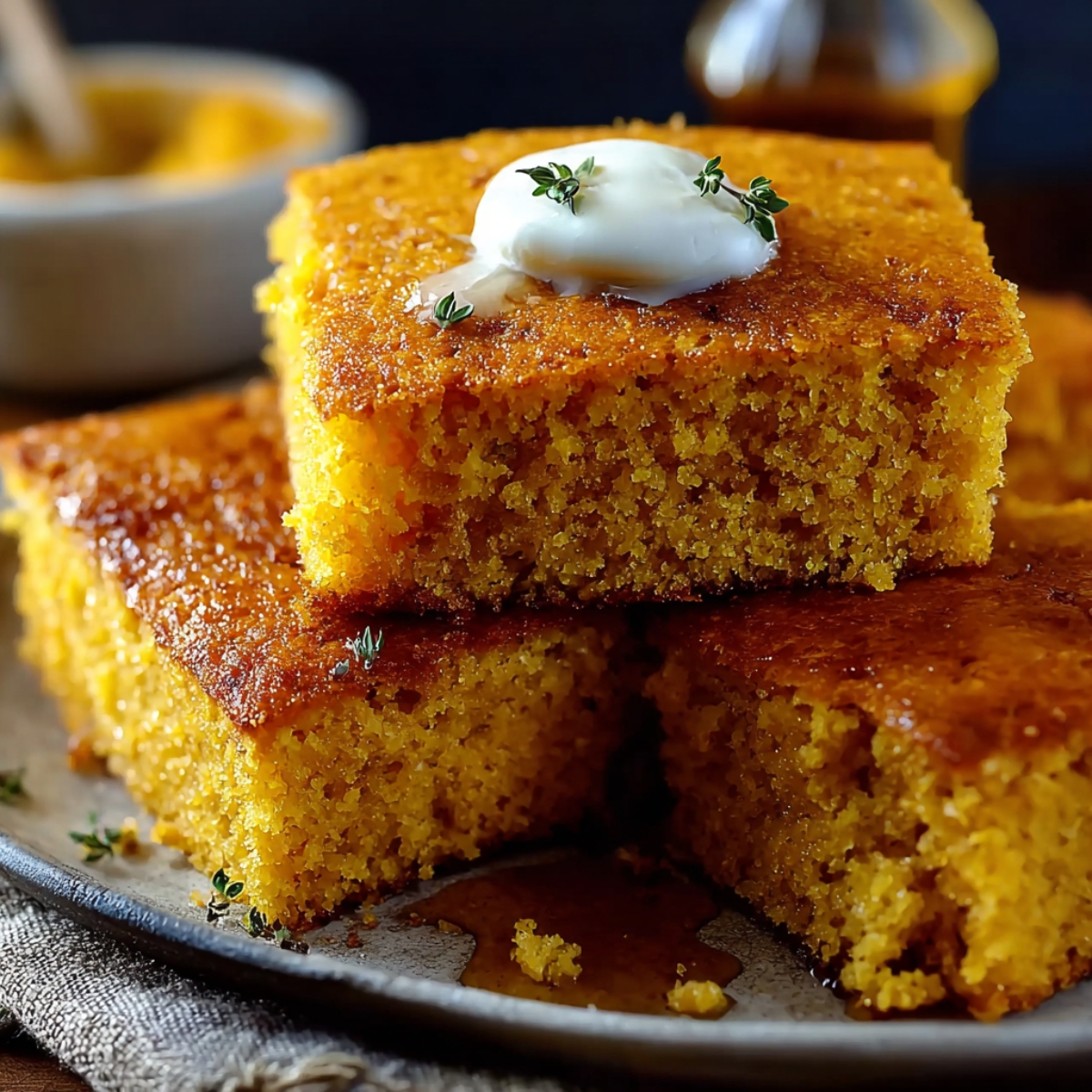 Homemade Cornbread Recipe squares stacked on a plate, topped with melting butter and herbs, with a moist golden crumb and syrup drizzling underneath.