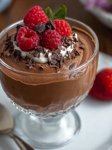 A glass dish filled with Cottage Cheese Chocolate Mousse, topped with whipped cream, fresh raspberries, and chocolate shavings, served on a white plate with a spoon and a strawberry beside it.