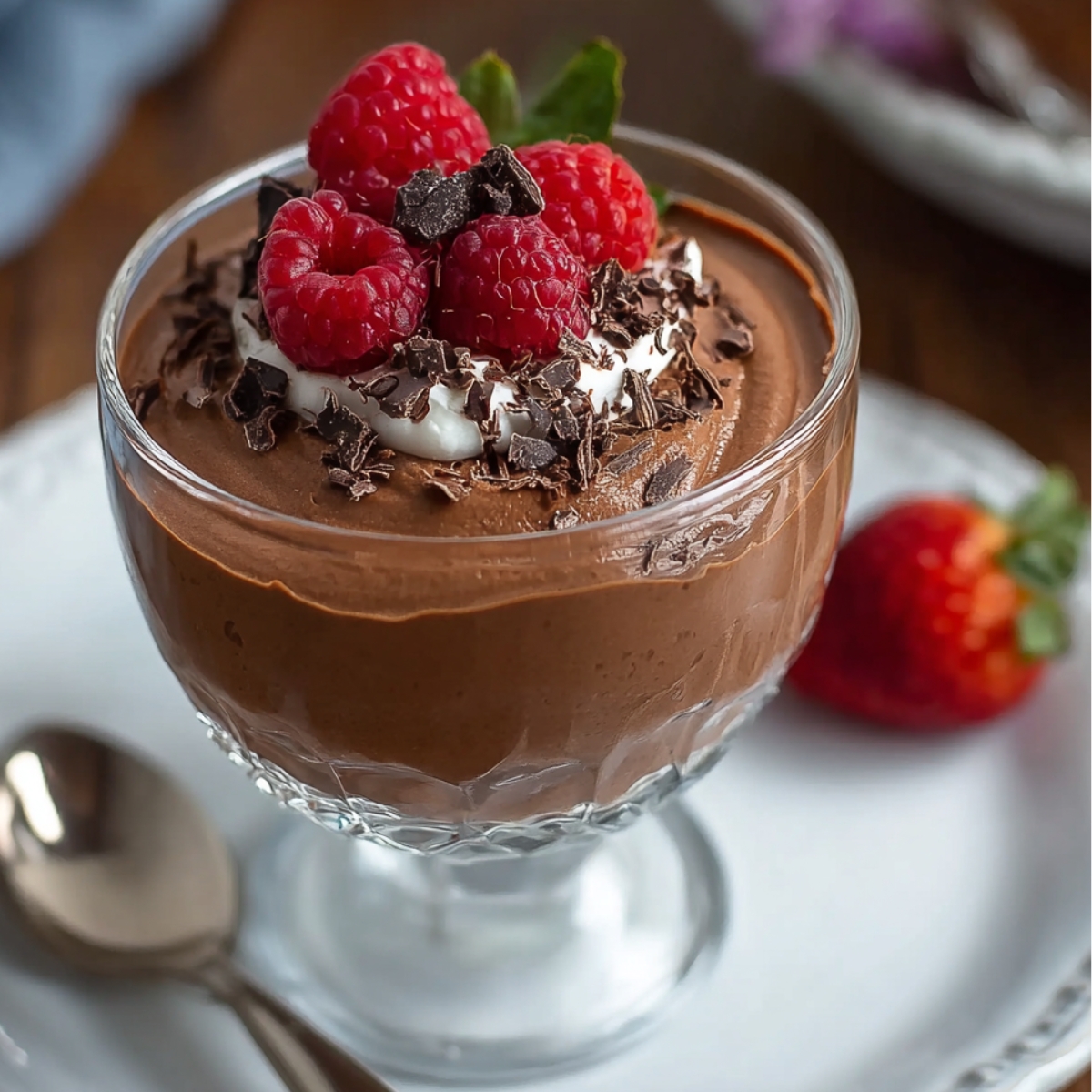 A glass dish filled with Cottage Cheese Chocolate Mousse, topped with whipped cream, fresh raspberries, and chocolate shavings, served on a white plate with a spoon and a strawberry beside it.