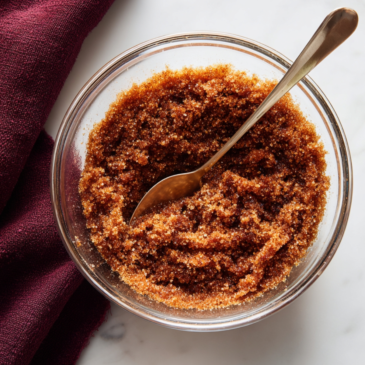 Homemade cinnamon sugar mixture in a glass bowl with a spoon, ready to swirl into snickerdoodle cake batter.