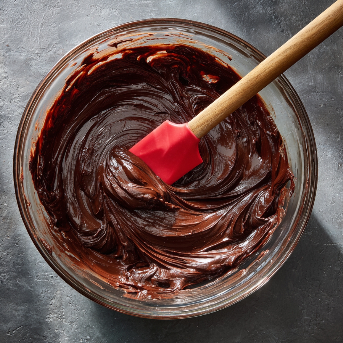Easy Peanut Butter Brownie Swirl Cookies 11 A glass mixing bowl filled with rich, dark chocolate batter being mixed with a red spatula on a dark countertop.