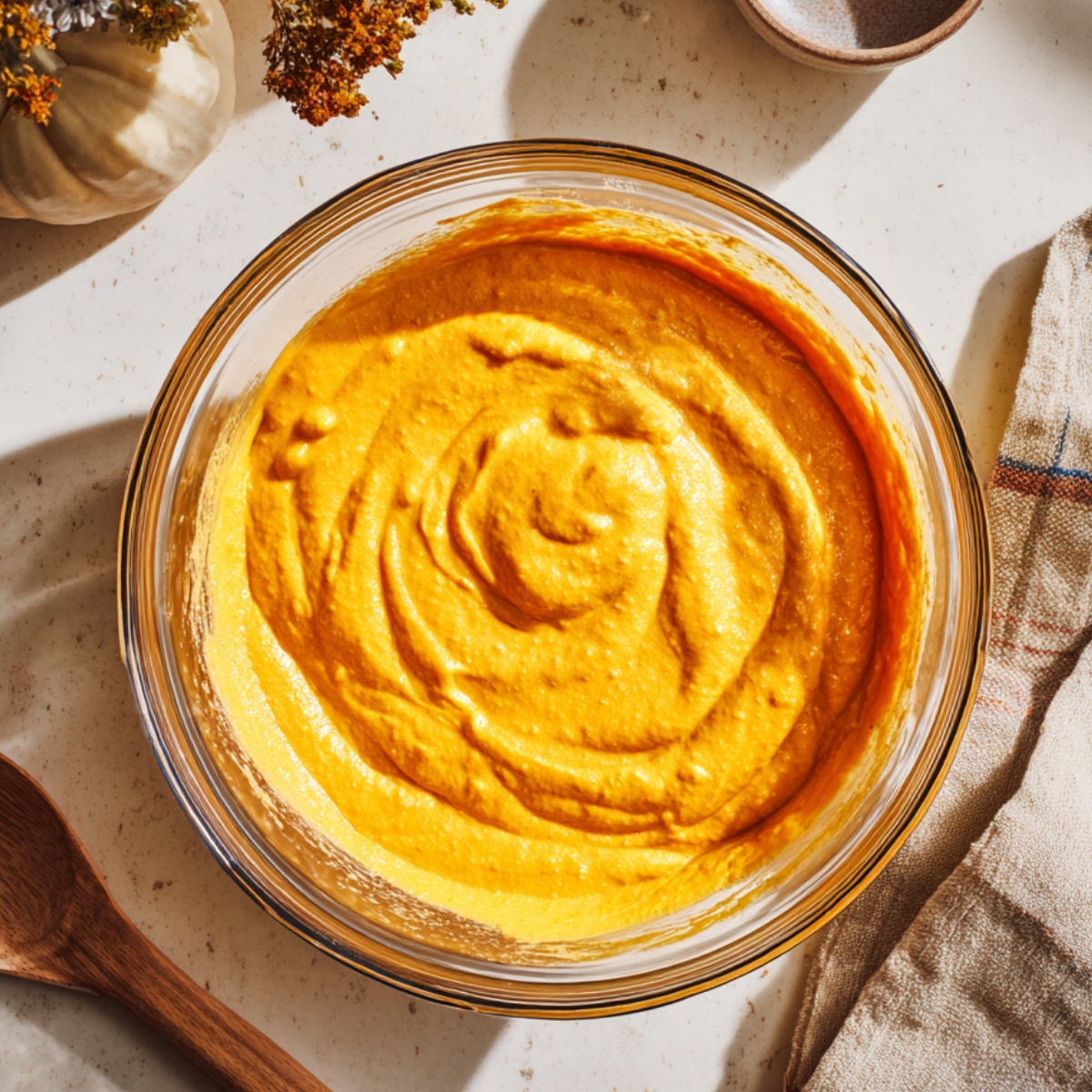 Glass mixing bowl filled with smooth, homemade pumpkin cream cheese batter for Halloween swirl brownies, with warm natural light and cozy fall kitchen details.