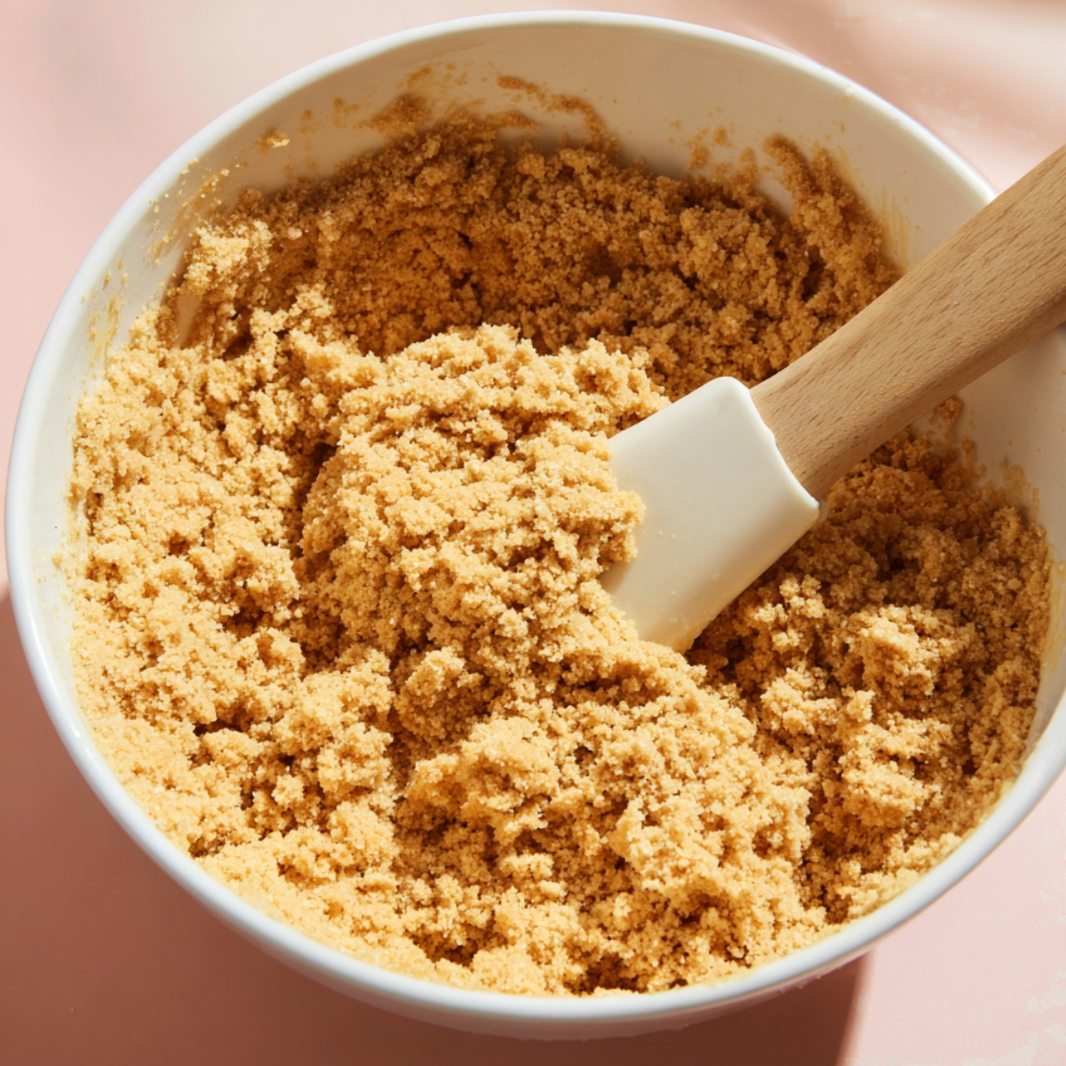 Graham cracker crumbs mixed with butter in a bowl, ready to form a cheesecake crust.
