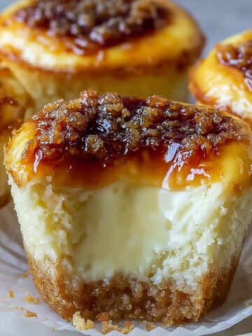 Creme Brulee Cheesecake Cupcakes with a bite taken out, showing its creamy filling, caramelized sugar topping, and golden graham cracker crust in a white paper liner.