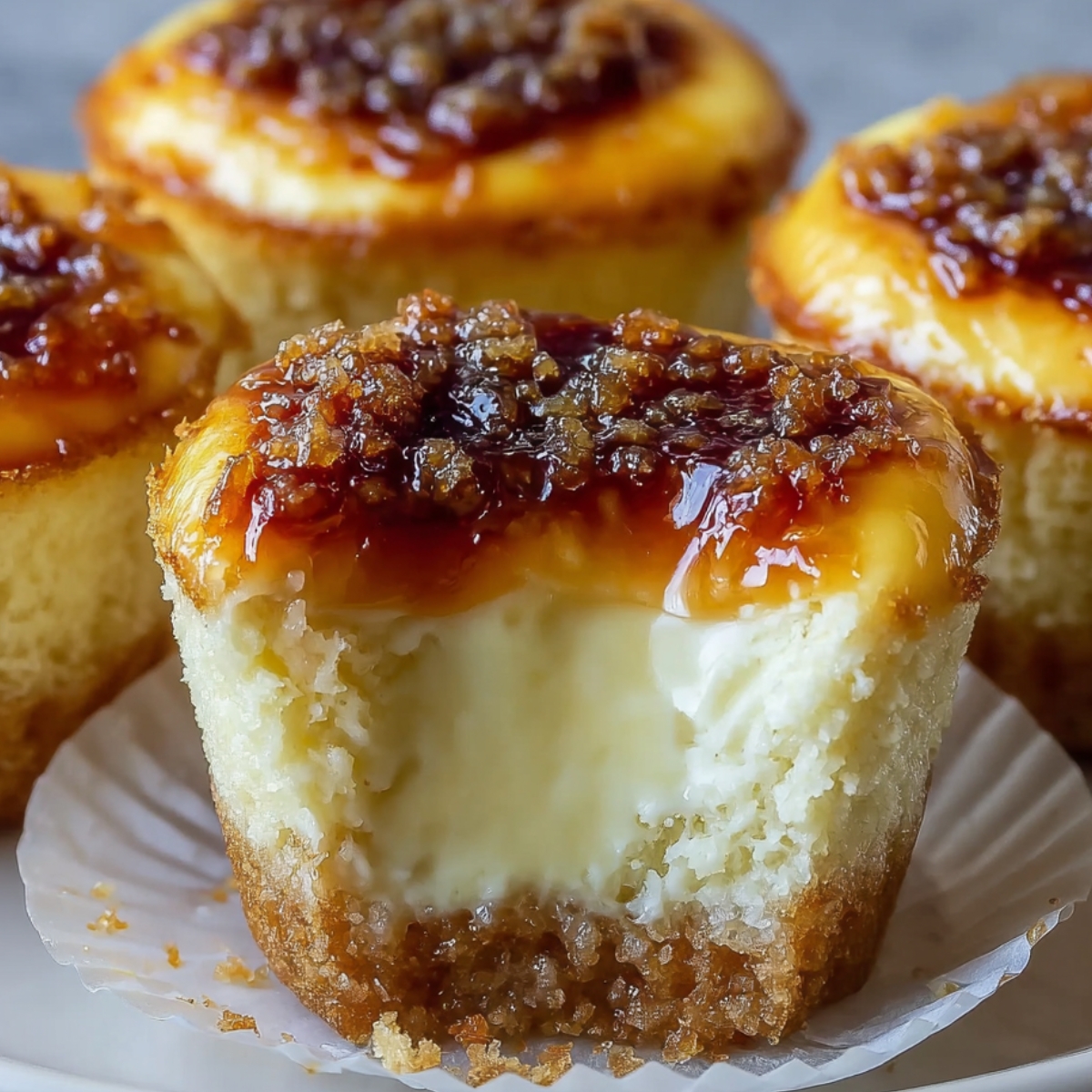 Creme Brulee Cheesecake Cupcakes with a bite taken out, showing its creamy filling, caramelized sugar topping, and golden graham cracker crust in a white paper liner.