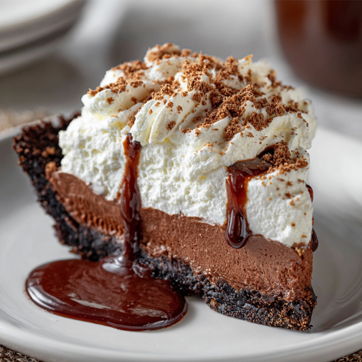 Delicious Mississippi Mud Pie Recipe with layers of chocolate filling, whipped cream topping, and a dark Oreo crust, drizzled with rich chocolate sauce on a white plate.