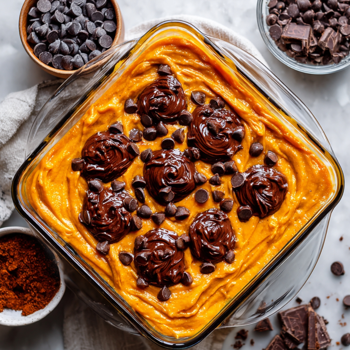 Homemade Halloween swirl cream cheese brownies in a glass baking dish, topped with rich chocolate dollops and sprinkled with chocolate chips over a creamy orange pumpkin cheesecake batter.