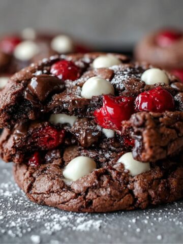 Easy Black Forest Cookies Recipe with gooey melted chocolate, bright red cherries, and white chocolate chunks, sitting on a dark surface dusted lightly with powdered sugar.