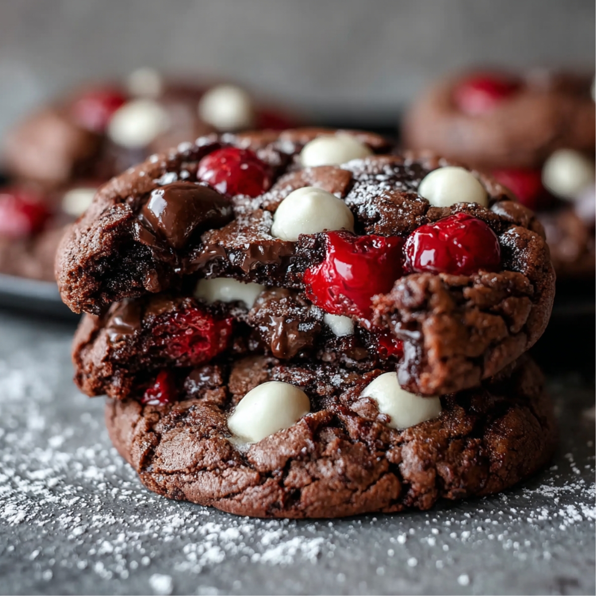 Easy Black Forest Cookies Recipe with gooey melted chocolate, bright red cherries, and white chocolate chunks, sitting on a dark surface dusted lightly with powdered sugar.