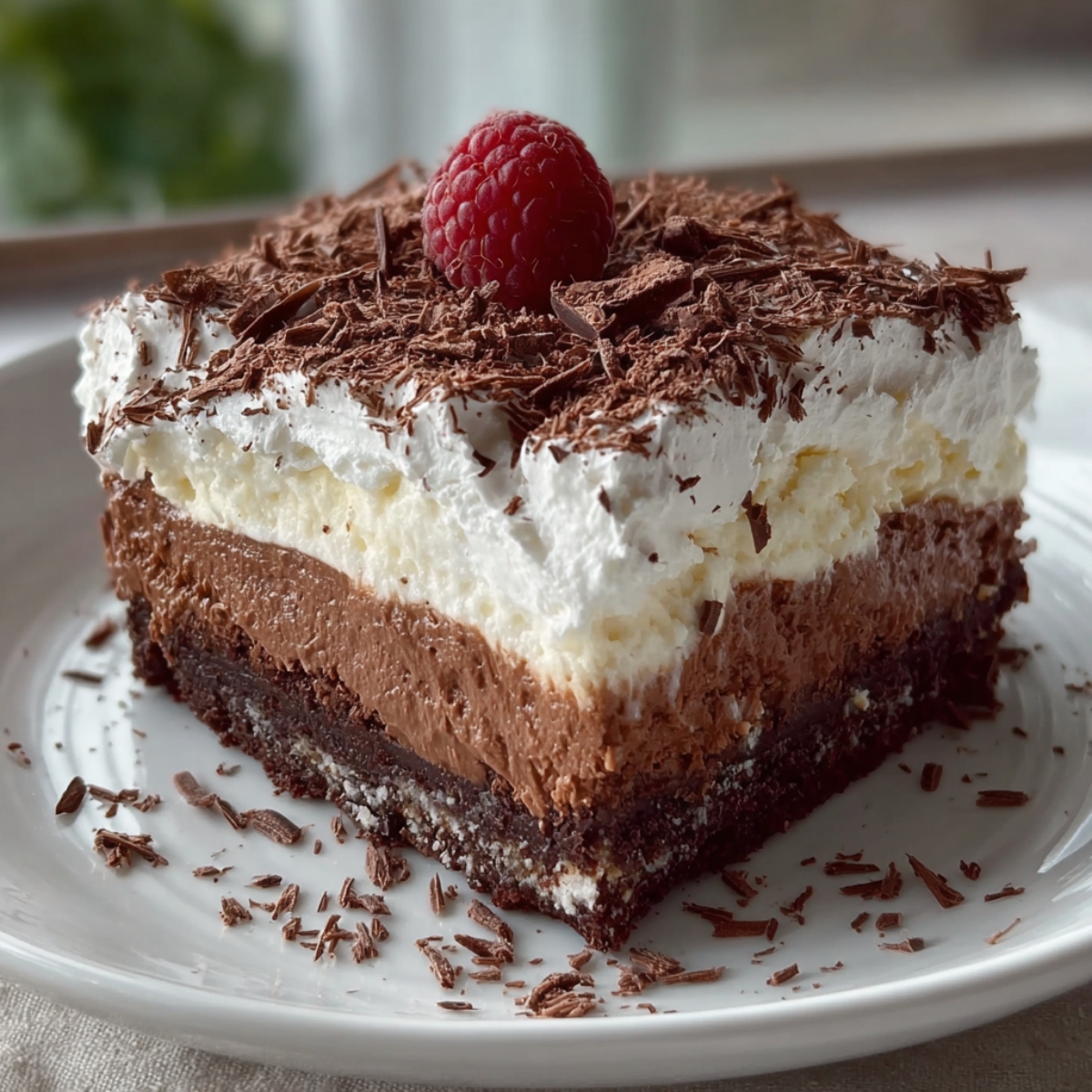Easy Brownie Refrigerator Cake Recipe with rich chocolate layers, creamy mousse, whipped topping, and chocolate shavings, garnished with a fresh raspberry on top.