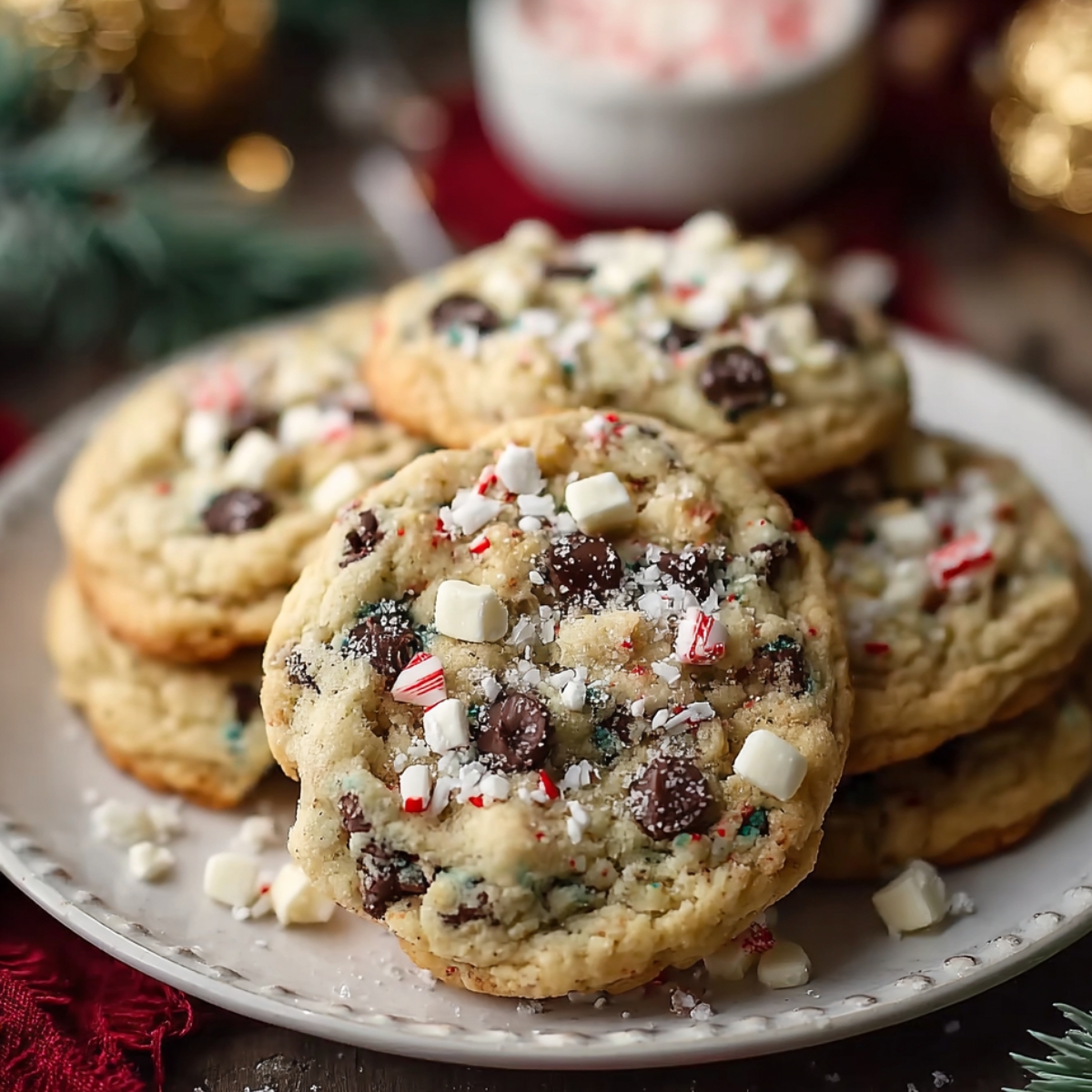 Stack of homemade chocolate chip Christmas cookies topped with crushed candy canes, white chocolate chips, and festive sprinkles, displayed on a plate with holiday décor in the background.
