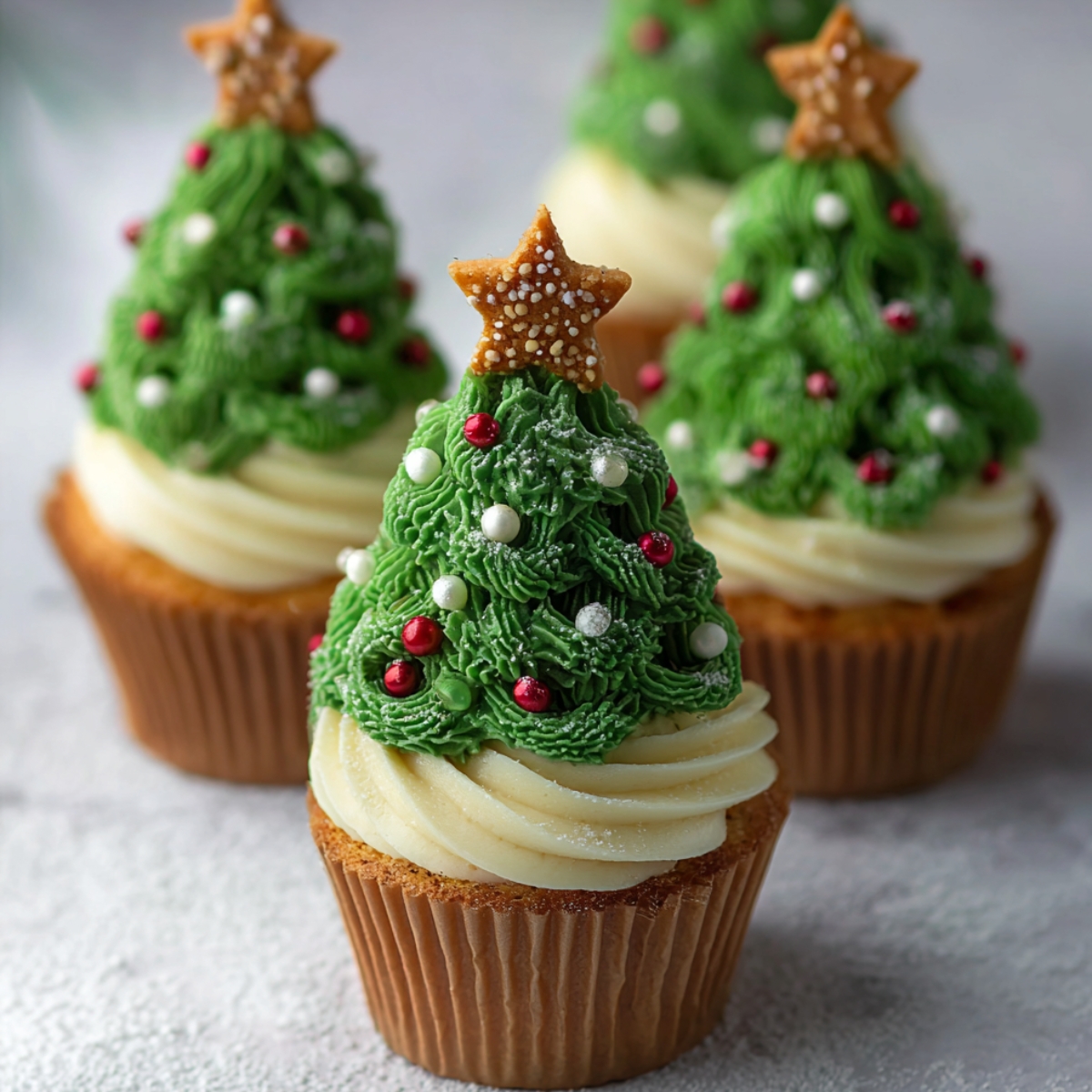 Homemade Christmas tree cupcakes decorated with green buttercream trees, pearl ornaments, and gold star toppers on a white plate.