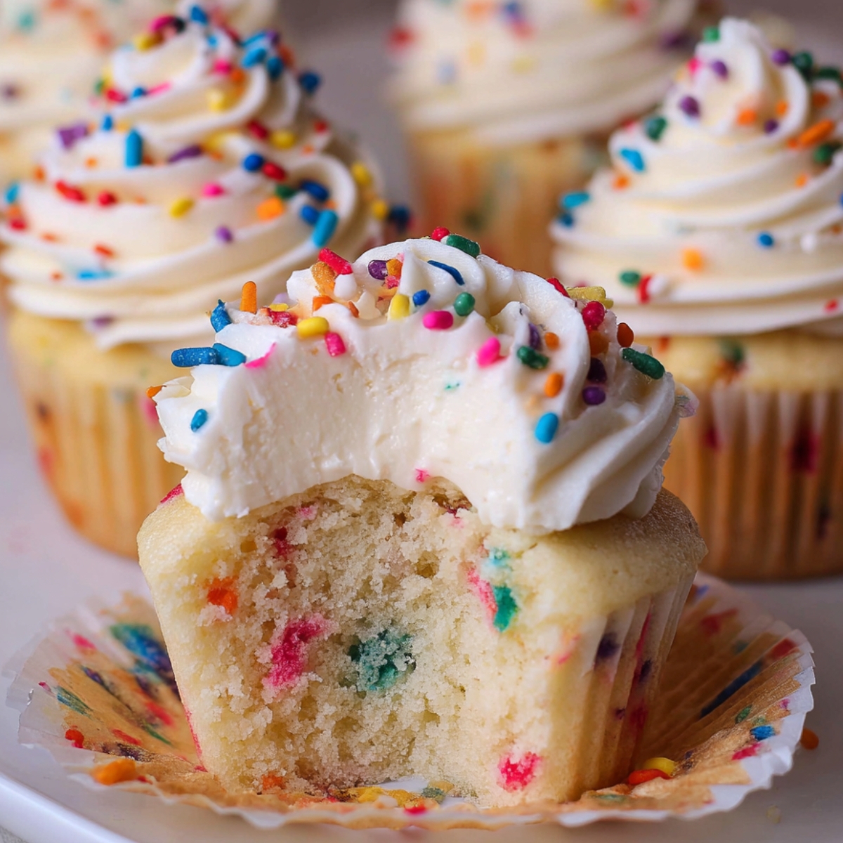 Homemade funfetti vanilla cupcake with fluffy white buttercream frosting and colorful rainbow sprinkles, showing a bite revealing the soft, moist vanilla crumb filled with baked-in confetti sprinkles, surrounded by more cupcakes on a white plate.