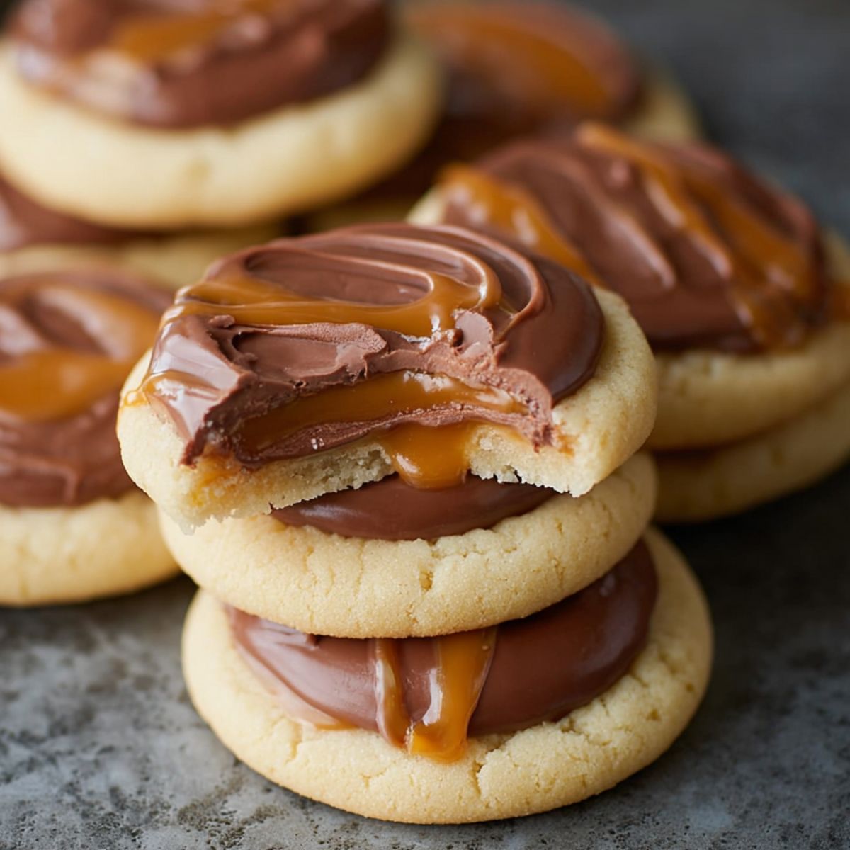 Easy Homemade Twix Cookies Recipe topped with melted chocolate and gooey caramel, with one cookie showing a bite revealing soft shortbread, creamy chocolate, and dripping caramel.